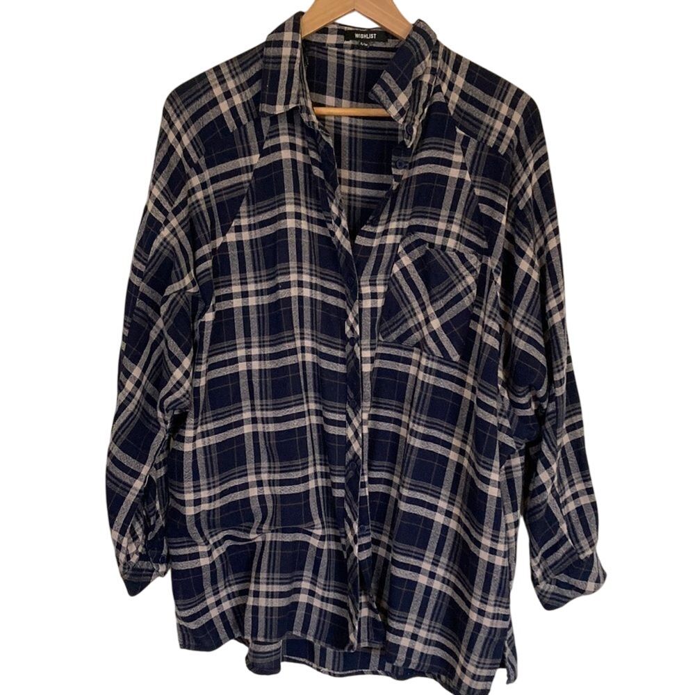 Wishlist Flannel Shirt Womens S/M Navy Cream Button Up Long Flowy